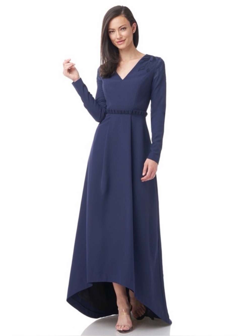 JS Collections Akala Crepe Applique Evening High low Evening Gown - Navy - 12